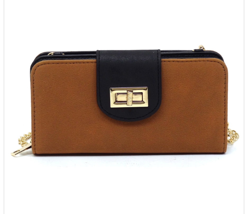 Faux Suede Turn Lock Crossbody Wallet