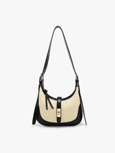 Load image into Gallery viewer, Straw Shoulder Bag w/ Top Zip &amp; Twist-Lock Closure: Natural/Black
