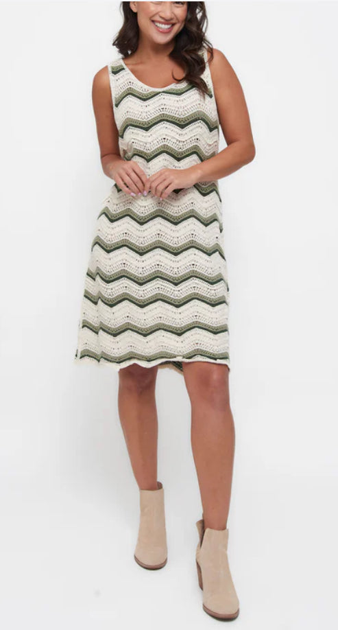Elsie and Zoey Sage Kala Striped Sleeveless Scoop Neck Crochet Dress