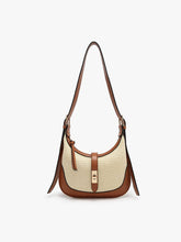 Load image into Gallery viewer, Straw Shoulder Bag w/ Top Zip &amp; Twist-Lock Closure: Natural/Black
