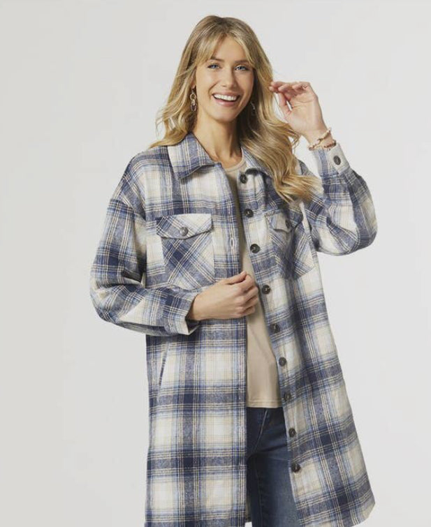 Long Blue Plaid Shacket L/XL